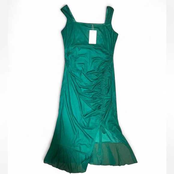 Homrain Green Ruched Bodycon Midi Square Neck Ruched Cocktail Midi Dress - Picture 3 of 6